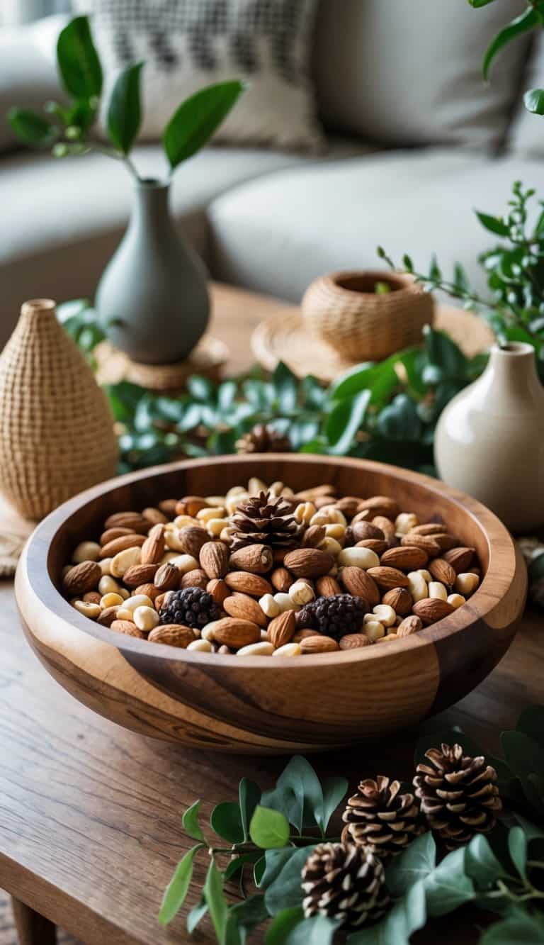 A wooden bowl filled with mixed nuts on a coffee table decorated with greenery and textured decorative objects.