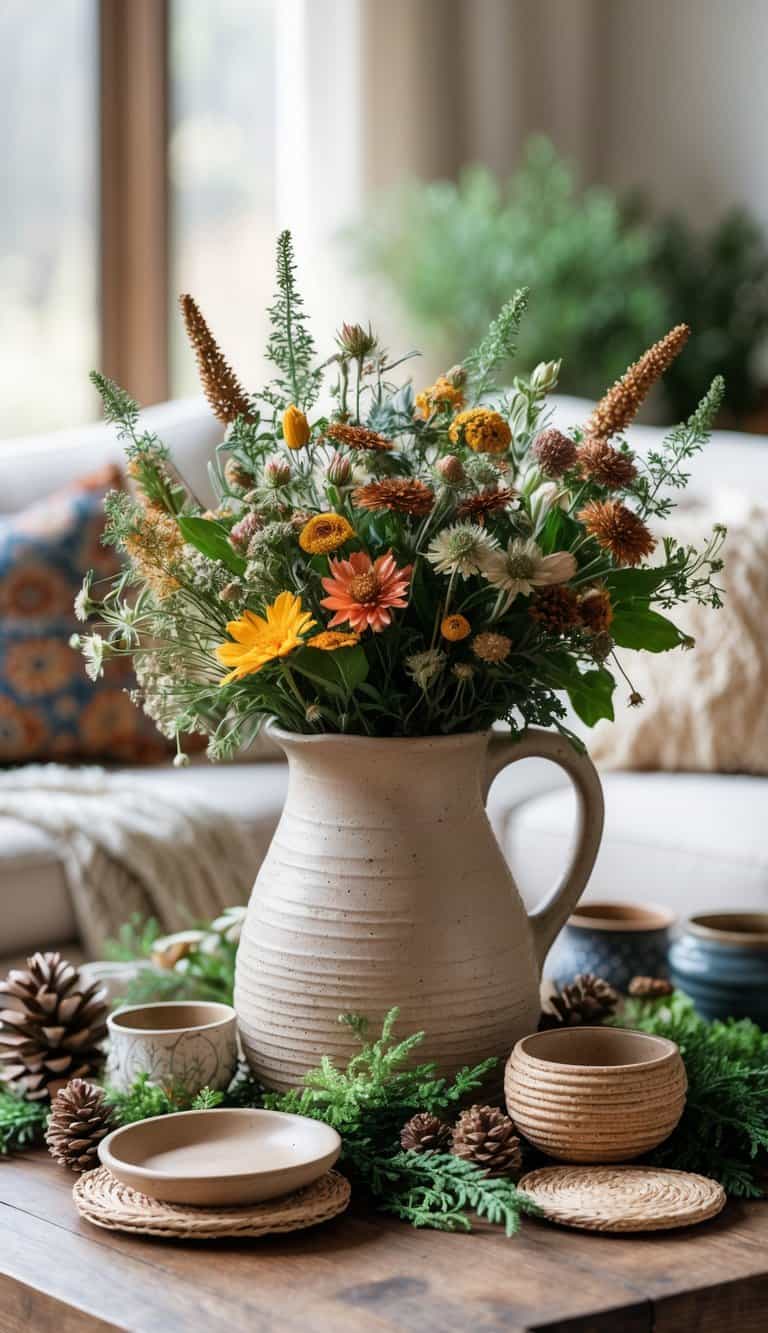 A ceramic pitcher filled with wildflowers on a coffee table decorated with greenery and textured objects.