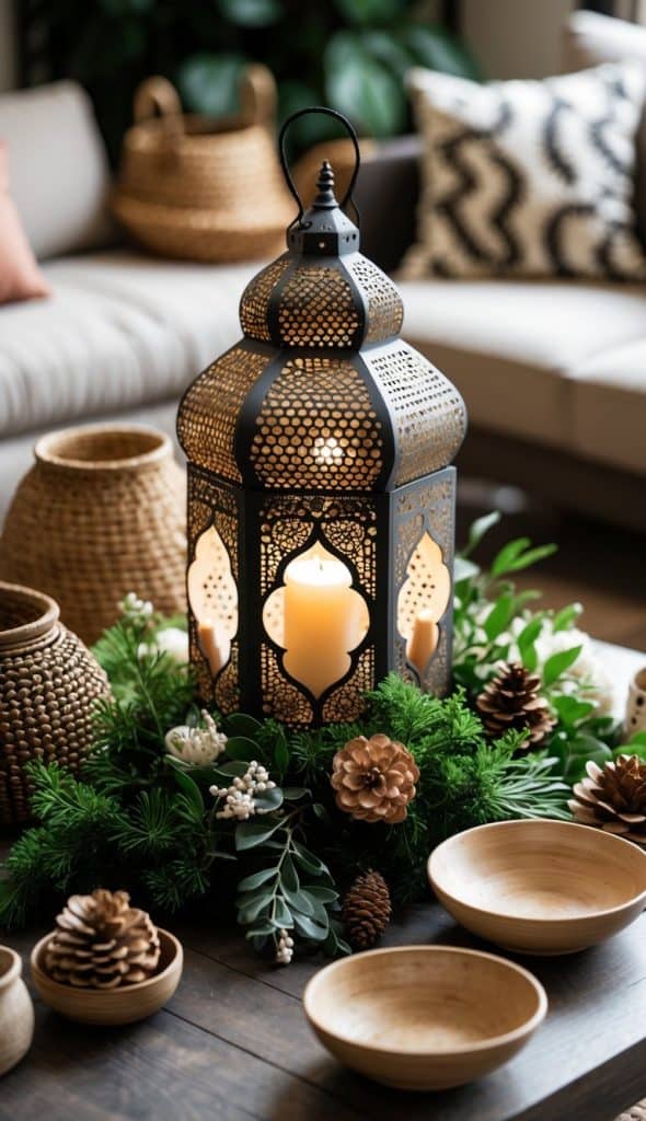 An ornate metal lantern with a lit candle is surrounded by pinecones, greenery, and wooden bowls on a wooden table in a cozy living room.