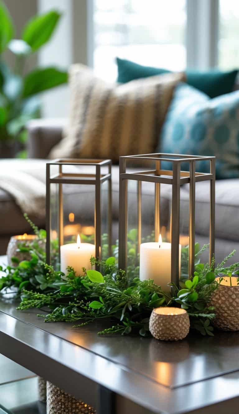 Coffee table with metal candle lanterns surrounded by greenery and decorative objects.