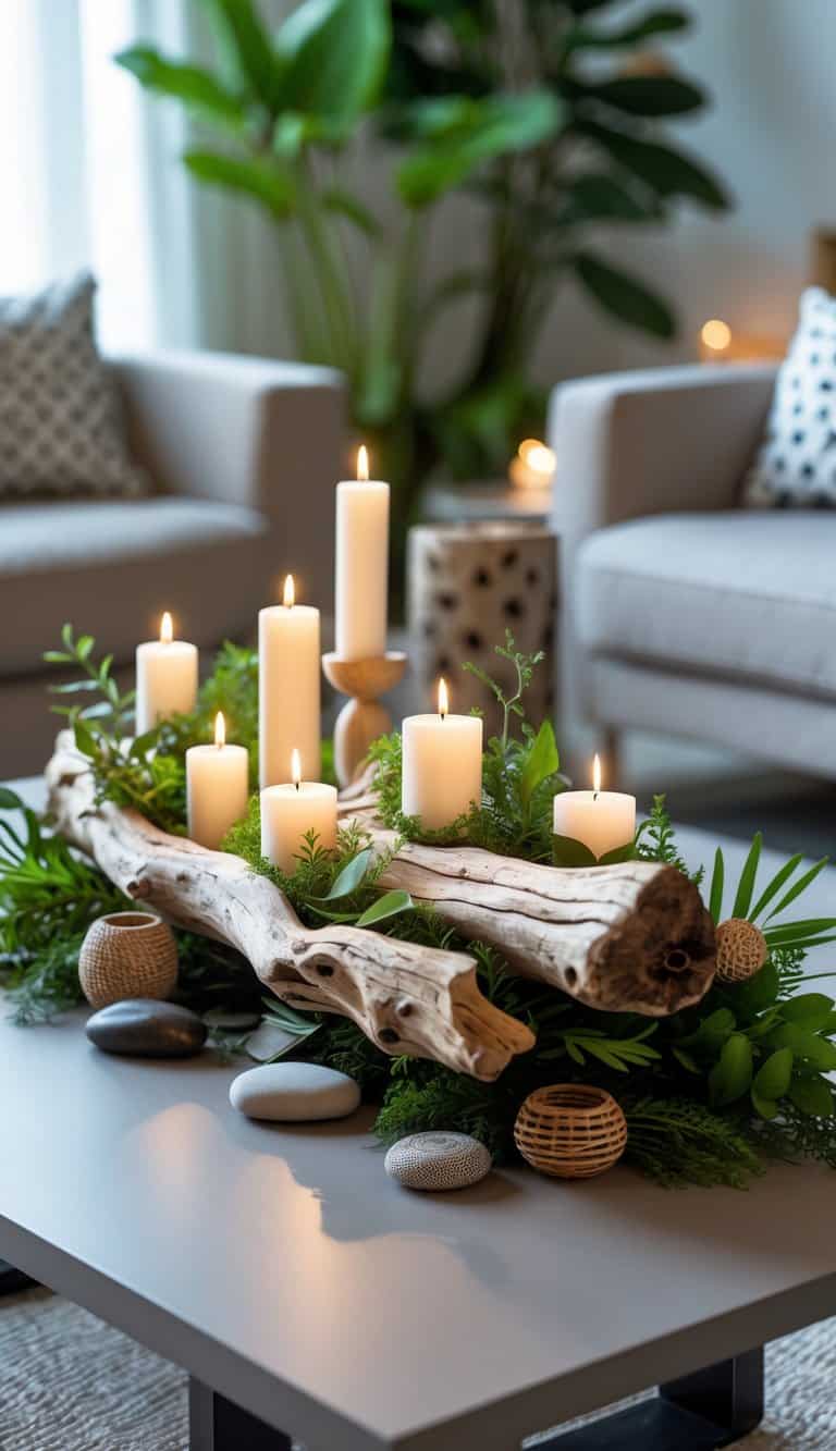 A coffee table with a natural driftwood centerpiece holding lit candles, surrounded by green plants and decorative textured objects.