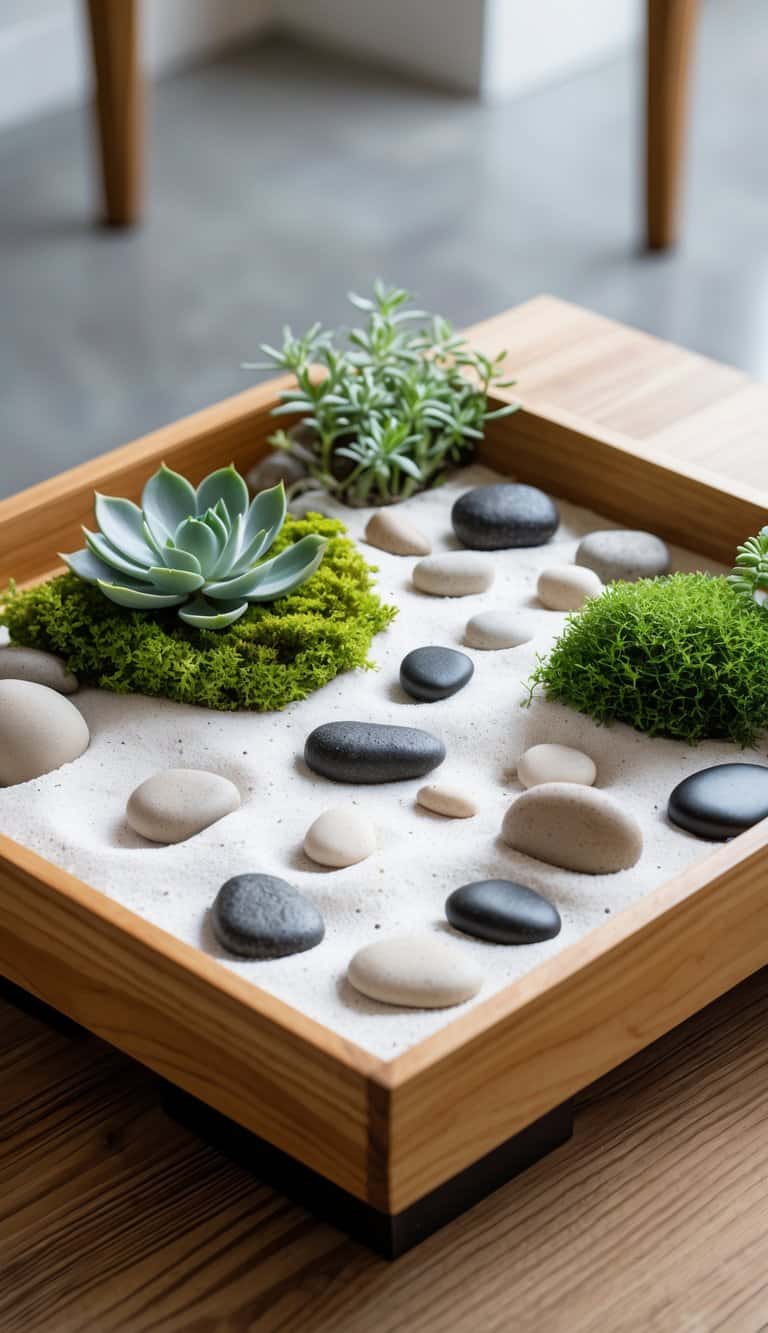 A miniature zen garden with sand, smooth stones, and greenery arranged on a coffee table.