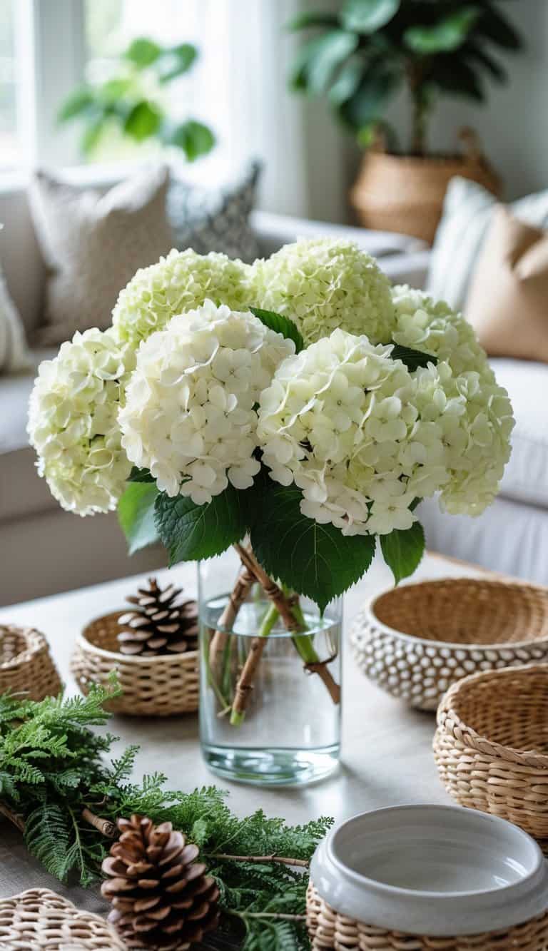A coffee table with a clear glass vase of fresh white hydrangeas surrounded by greenery and textured decorative objects.