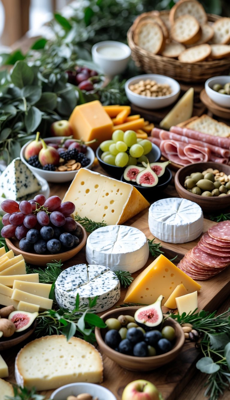 A grazing table with a variety of cheeses, fresh fruits, breads, and sliced cured meats arranged on a wooden surface.