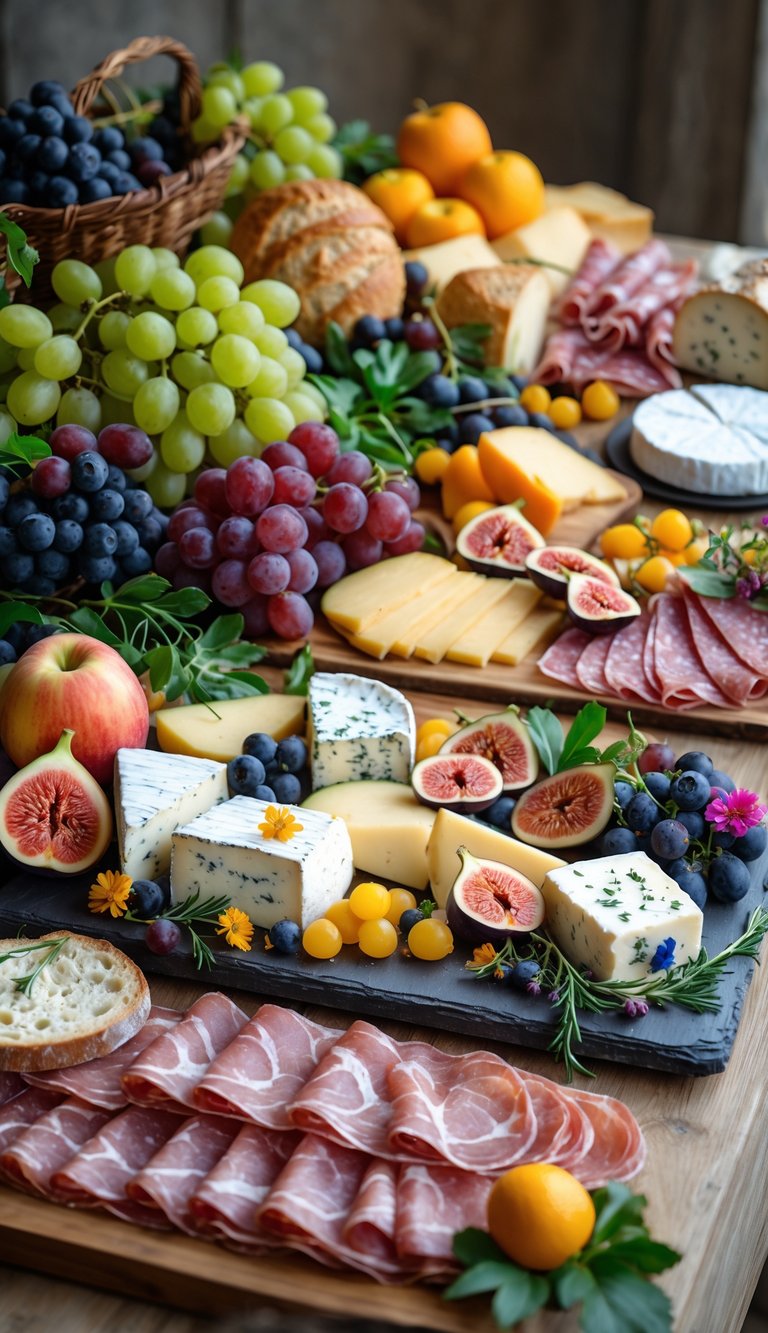 A grazing table with a variety of cheeses, fresh fruits, breads, and cured meats arranged on wooden boards.