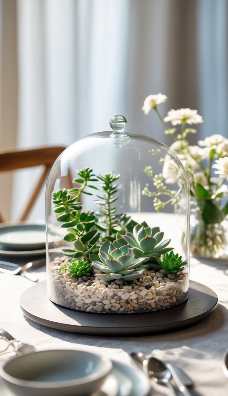 A round dining table with a glass succulent terrarium centerpiece surrounded by small stones and simple floral arrangements.