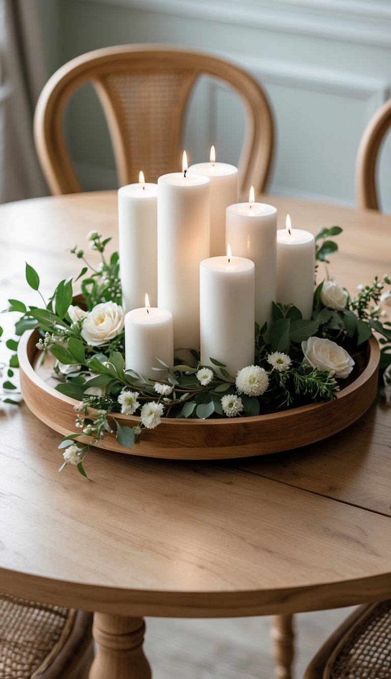 Round dining table with a wooden tray holding white pillar candles and simple floral arrangements.