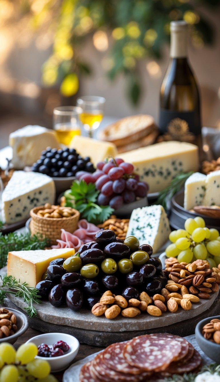 A grazing table with olives, roasted nuts, cheeses, fruits, breads, and cured meats arranged on a wooden surface.