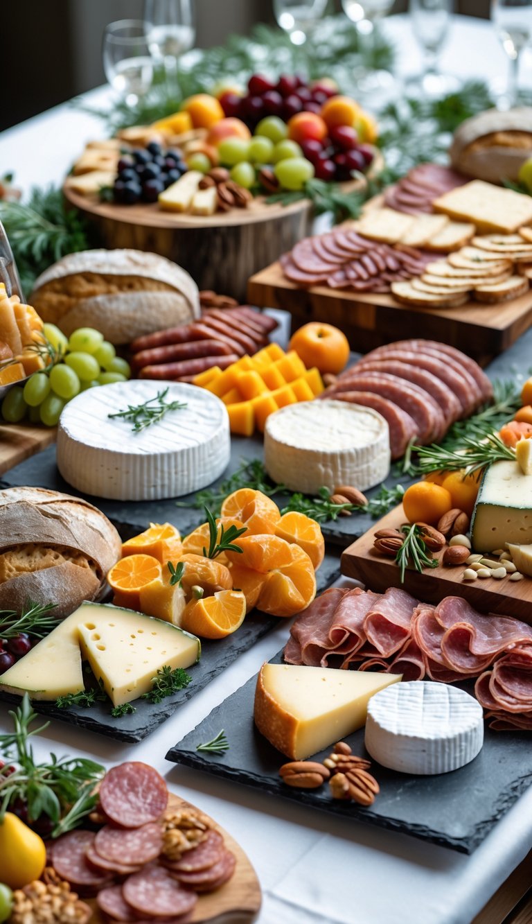 A grazing table featuring cheeses, fruits, breads, and assorted charcuterie arranged on wooden and slate platters.