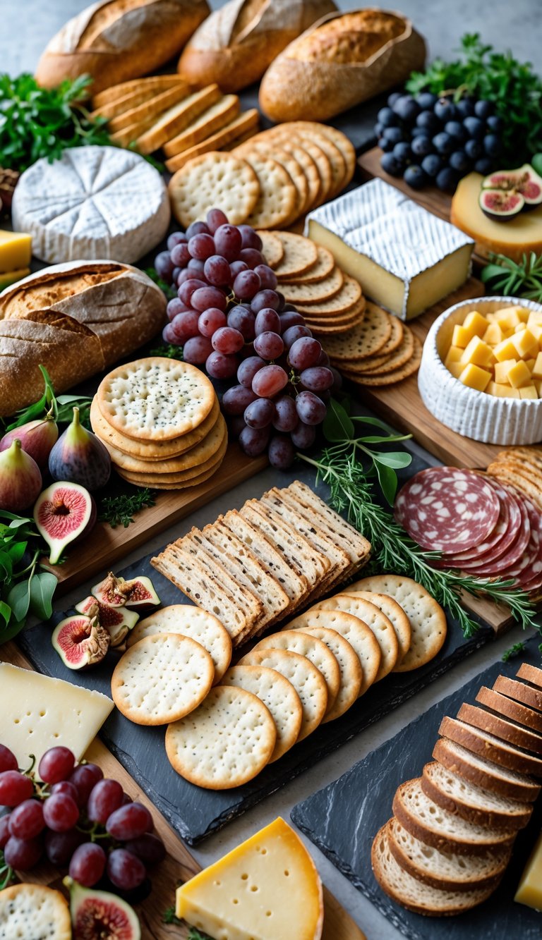A grazing table with various artisan breads, crackers, cheeses, fresh fruits, and cured meats arranged on wooden boards.