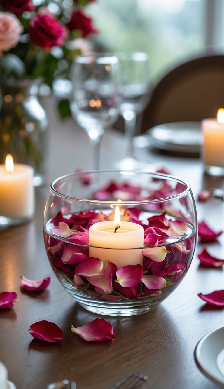 Round dining table with a bowl of floating candles and fresh rose petals as a centerpiece.