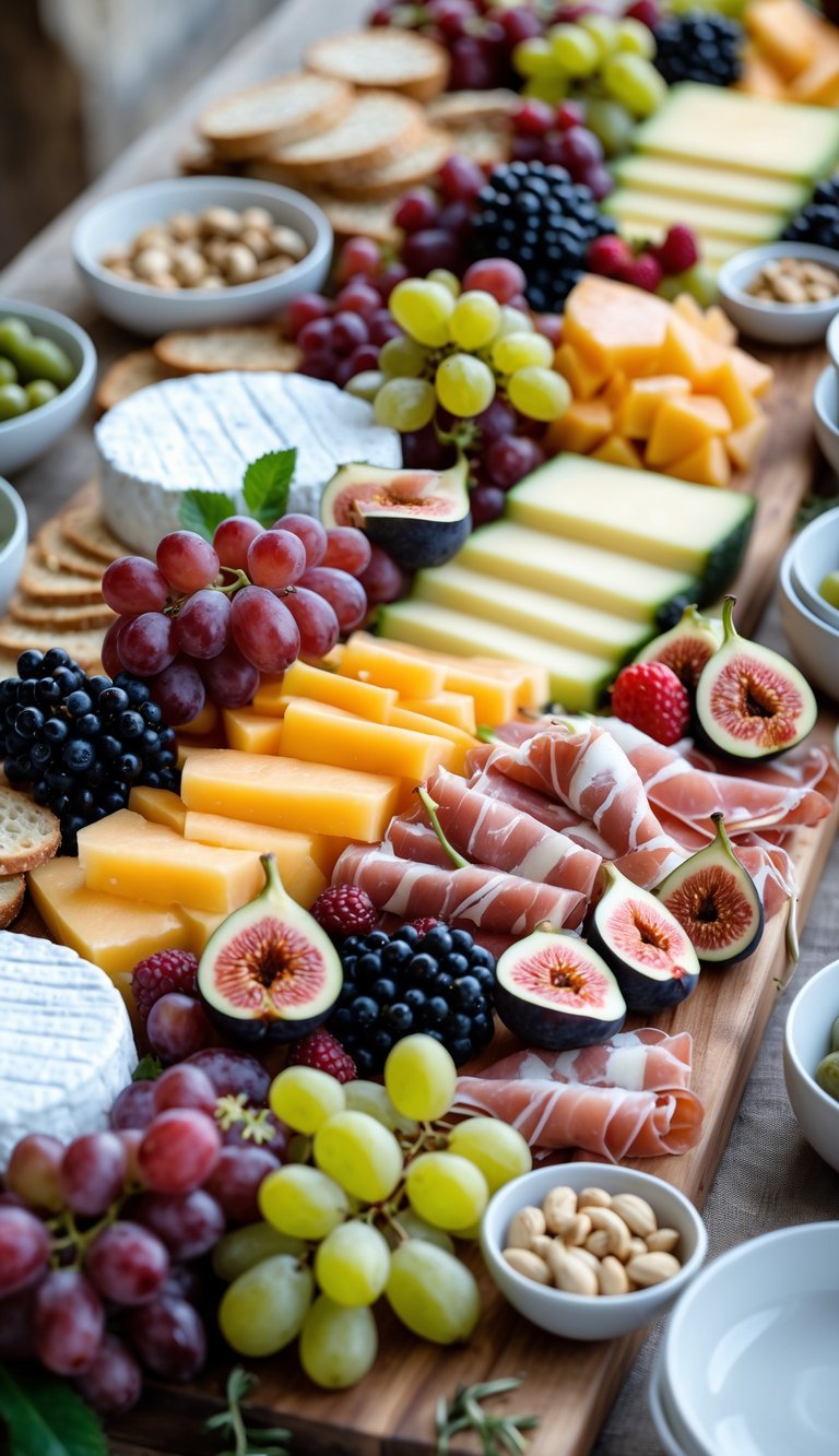 A grazing table with prosciutto-wrapped melon slices, cheeses, fruits, breads, and charcuterie arranged on wooden boards.