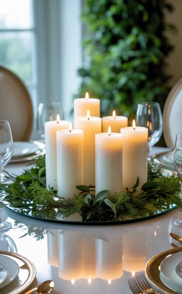 A group of lit white pillar candles arranged on a glass tray with greenery, set as a centerpiece on a formal dining table with elegant place settings.