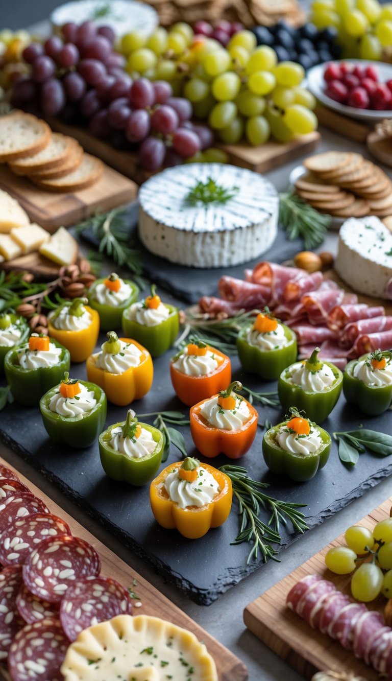 A grazing table with stuffed mini peppers filled with cream cheese, surrounded by cheeses, fruits, breads, and charcuterie.