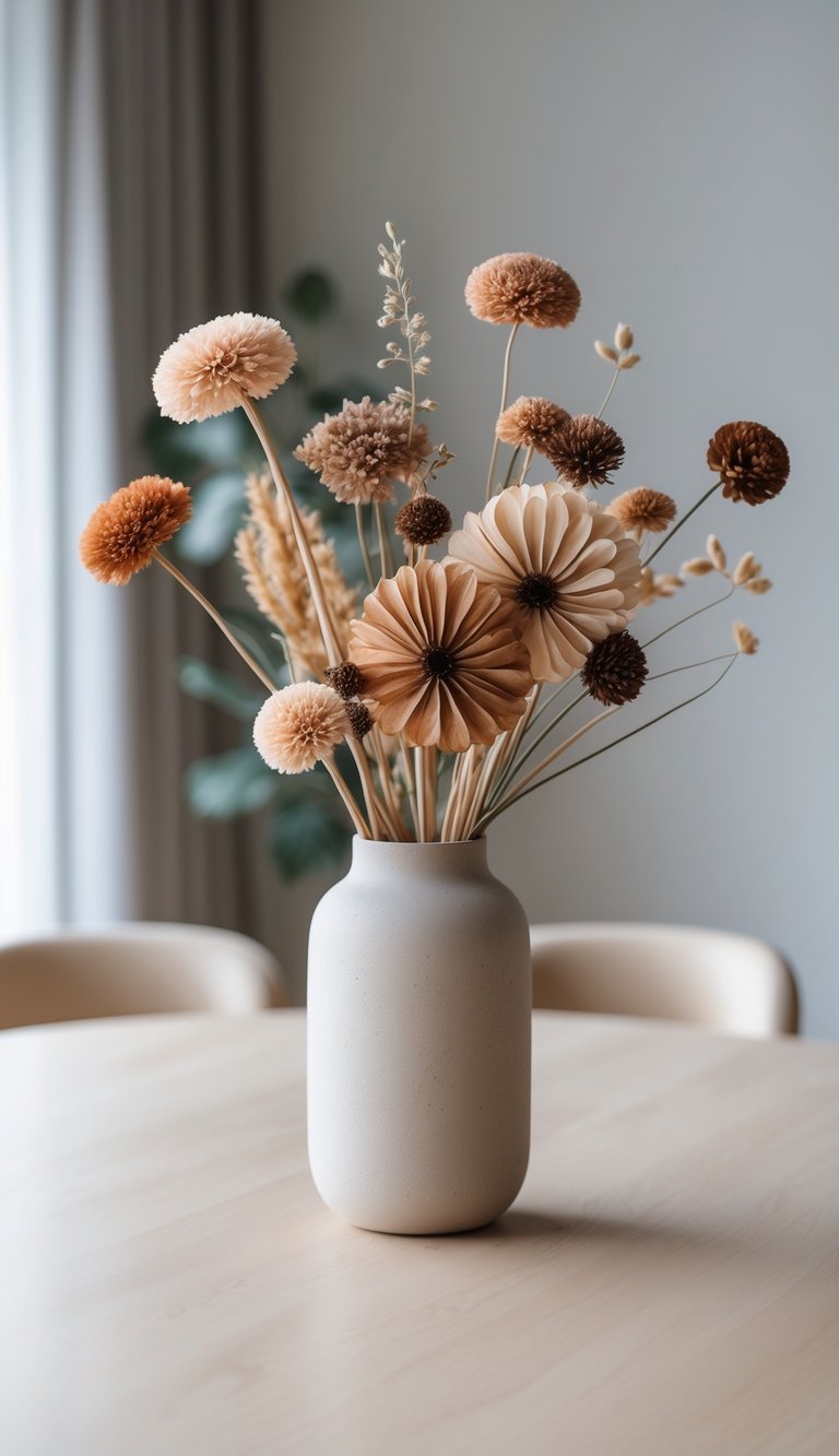 Round dining table with a vase of seasonal dried flowers as a centerpiece.