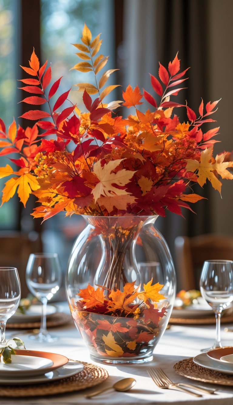 Round dining table with a glass vase filled with colorful fall leaves as a centerpiece.
