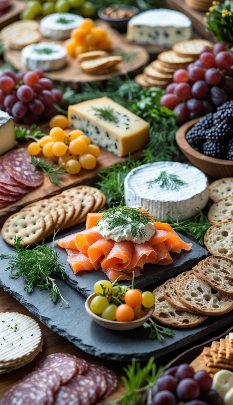 A grazing table with smoked salmon topped with dill cream cheese, cheeses, fruits, breads, and charcuterie arranged on platters.