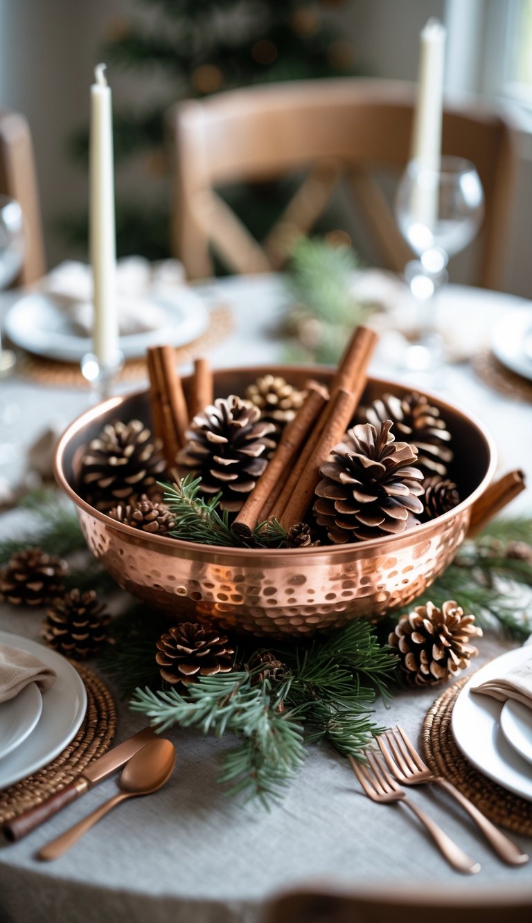 Round dining table with a copper bowl centerpiece containing pinecones and cinnamon sticks, surrounded by simple floral arrangements.