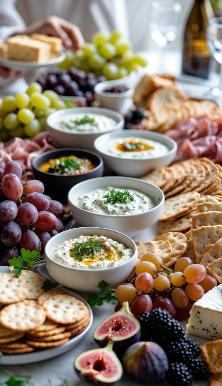A grazing table with bowls of assorted dips, cheeses, fruits, breads, and charcuterie meats arranged together.