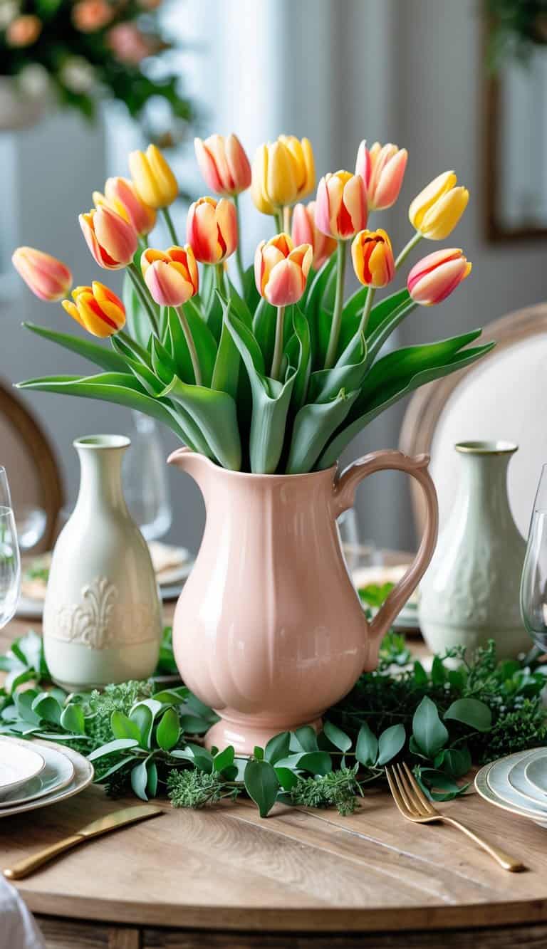 A round dining table with a bright tulip bouquet in a pastel ceramic pitcher surrounded by greenery and vases.