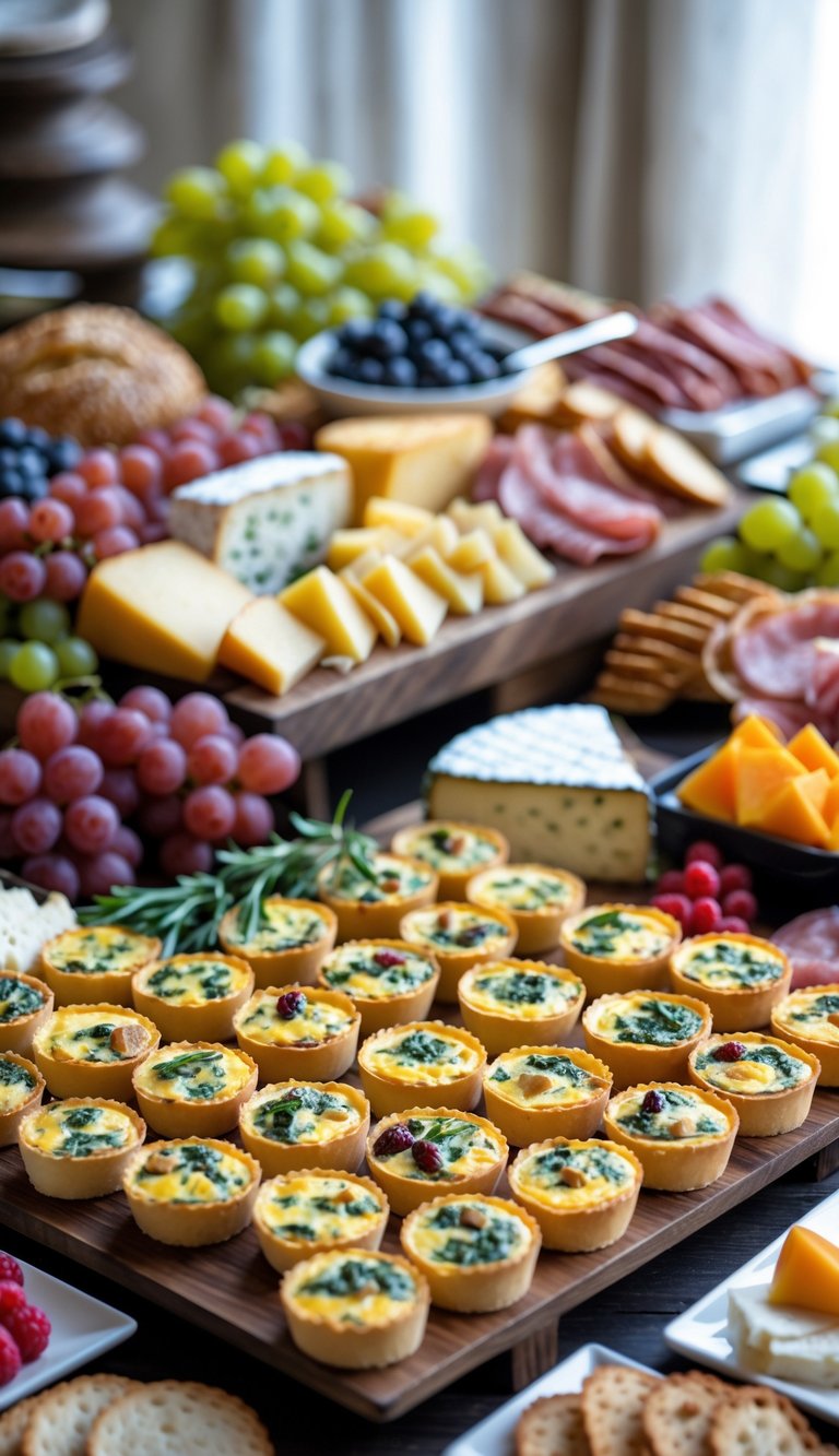 A grazing table with mini quiche bites, cheeses, fruits, breads, and sliced cured meats arranged attractively on a wooden surface.