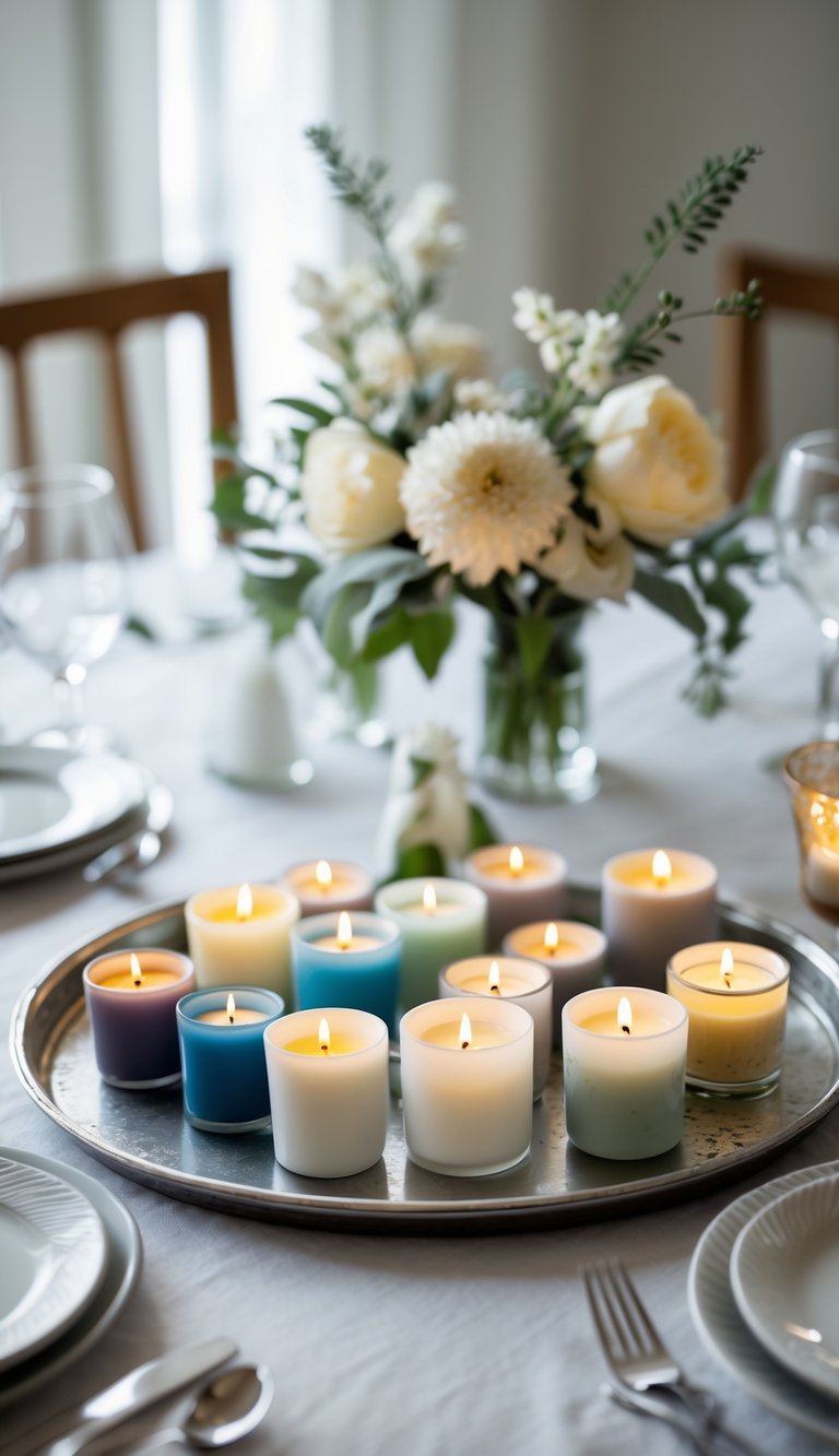 Metal tray with assorted scented votive candles on a round dining table with simple floral arrangements.