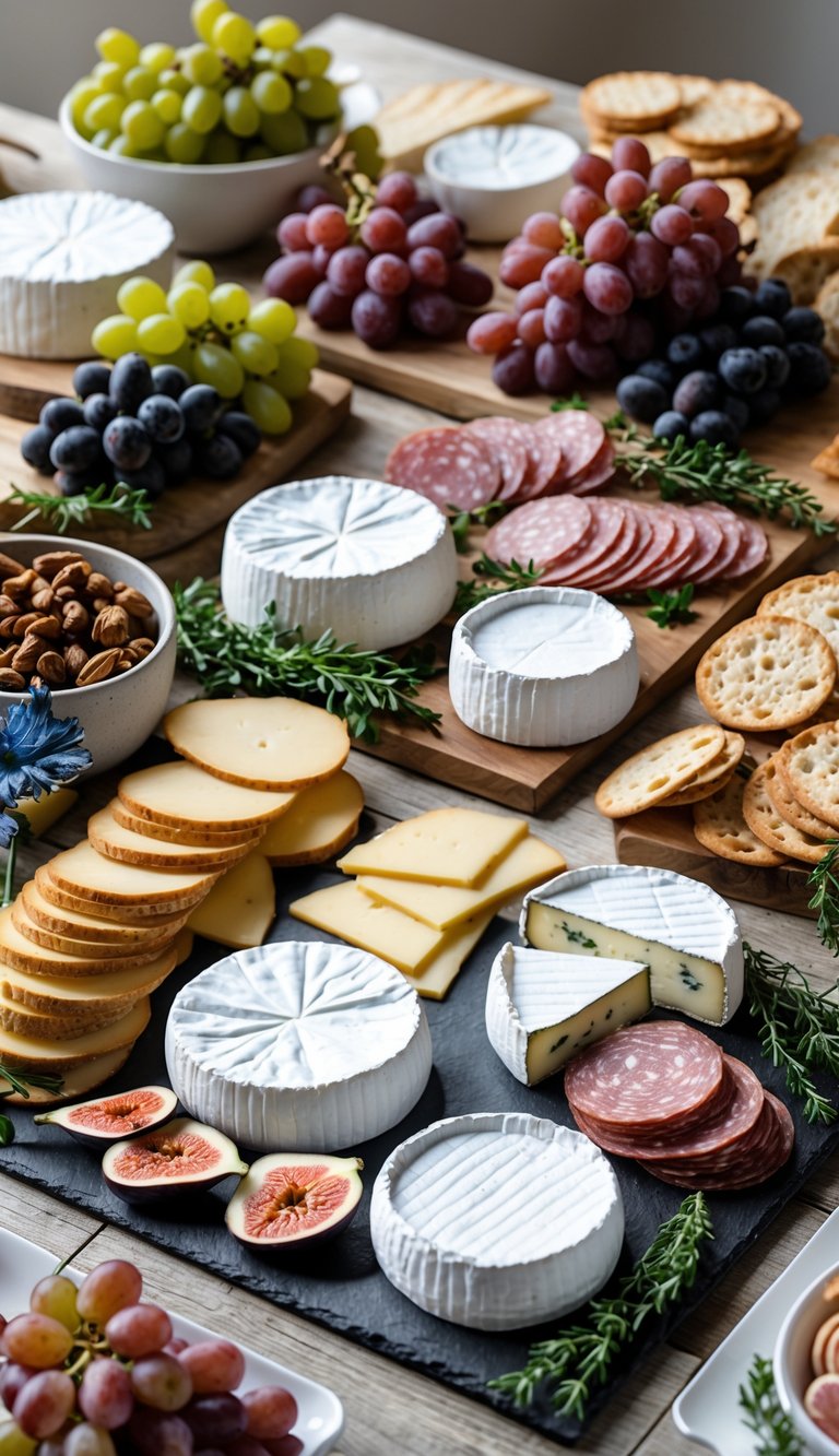 A grazing table with soft cheeses, fresh fruits, breads, and charcuterie arranged on wooden boards.