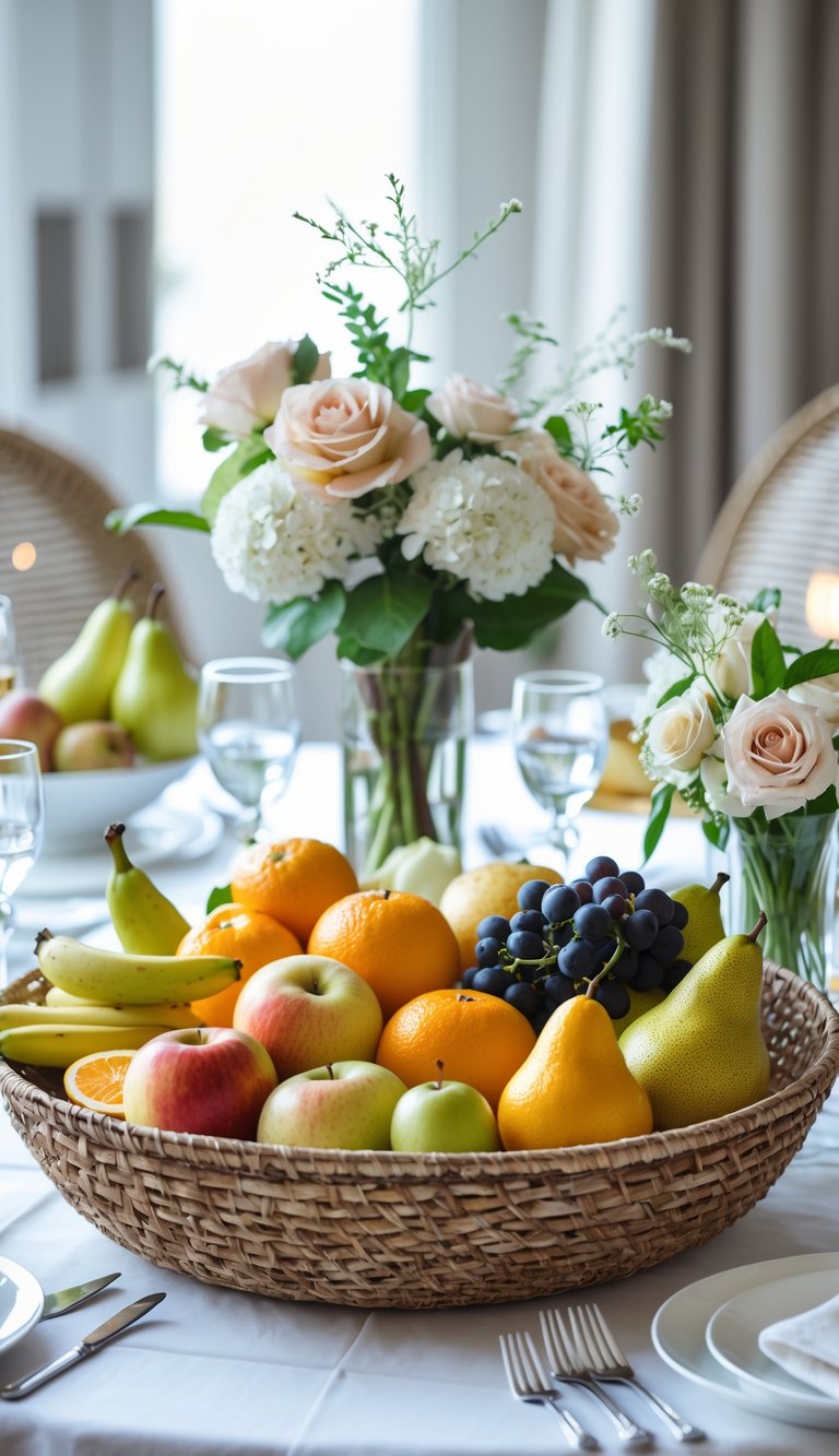Round dining table with a woven basket filled with assorted fruit and simple floral arrangements as centerpieces.