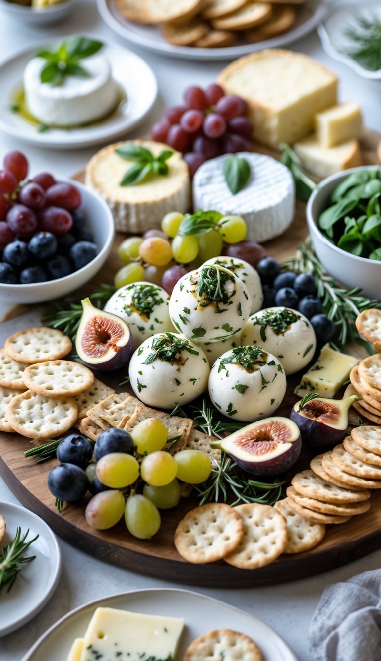 A grazing table with herb-marinated mozzarella balls, assorted cheeses, fresh fruits, and breads arranged attractively.