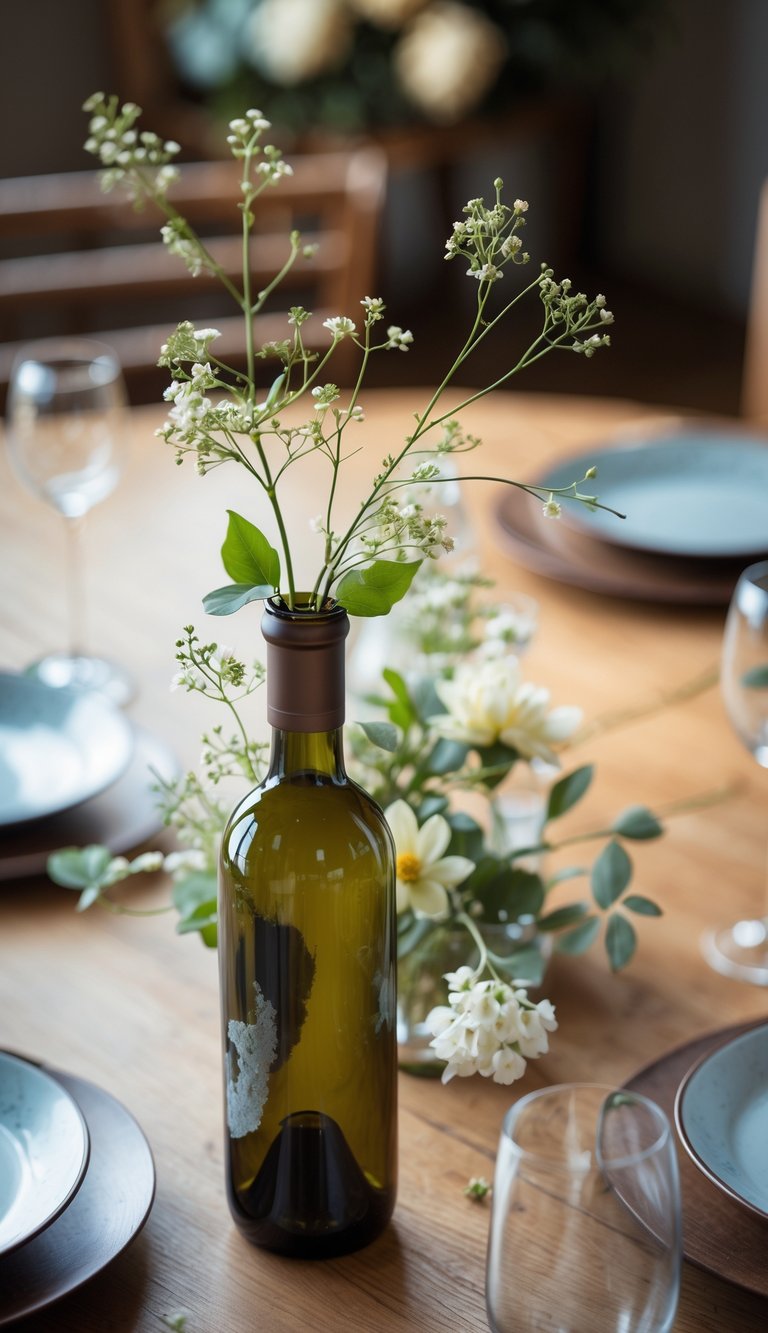 Round dining table with a vintage wine bottle used as a bud vase holding small flowers as a centerpiece.