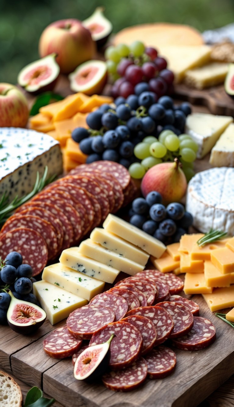 A grazing table with spicy chorizo slices, cheeses, fruits, breads, and cured meats arranged on wooden boards.