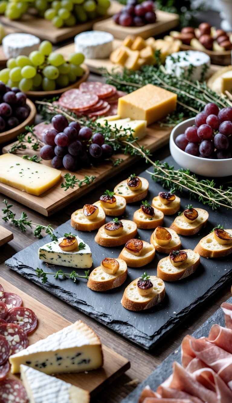 A grazing table with roasted garlic and thyme crostini, cheeses, fruits, breads, and charcuterie meats arranged on platters.