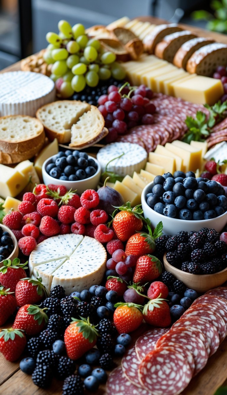 A grazing table with fresh berries, cheeses, fruits, breads, and cured meats arranged on a wooden surface.