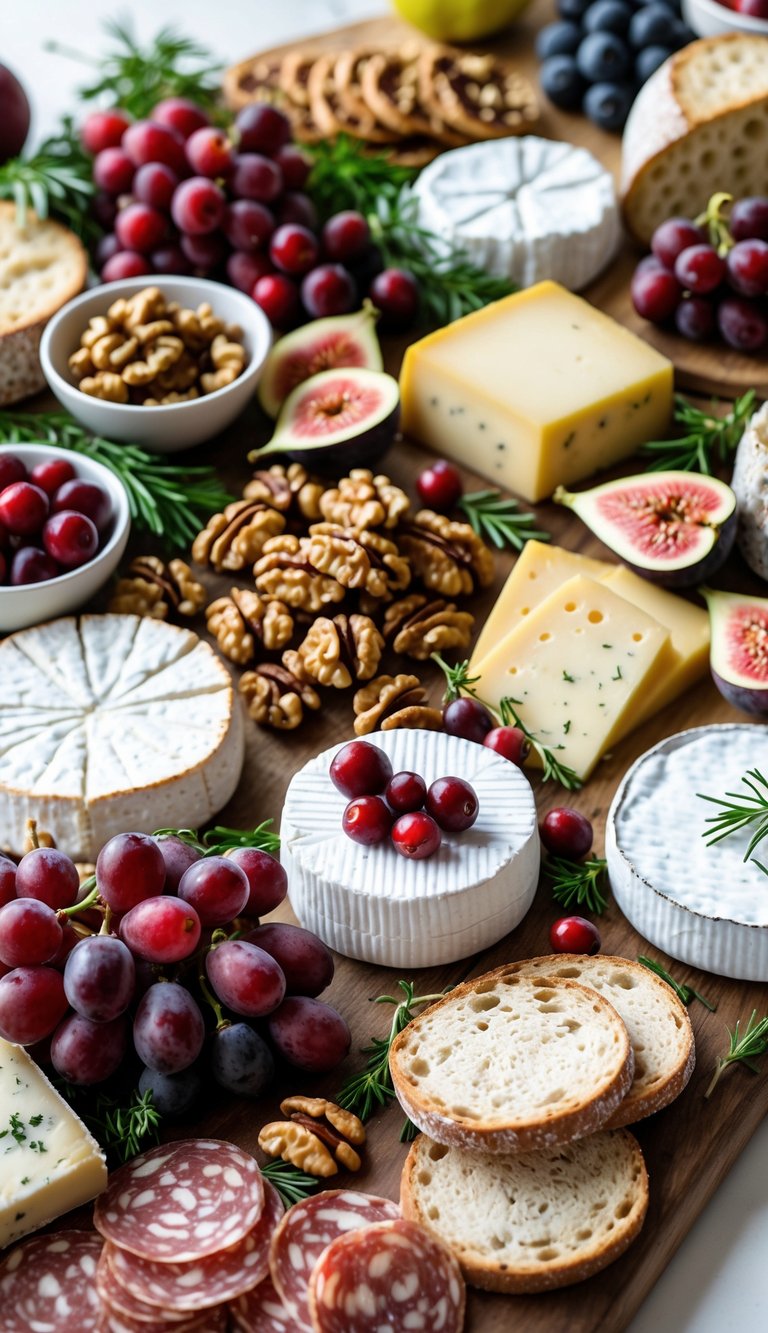 A grazing table with walnuts, cranberries, assorted cheeses, fresh fruits, breads, and sliced cured meats arranged on wooden boards.