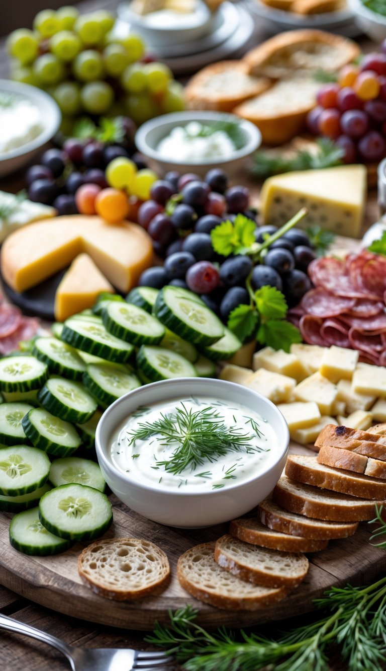 A grazing table with cucumber slices and dill yogurt dip, cheeses, fruits, breads, and charcuterie meats arranged on a wooden surface.