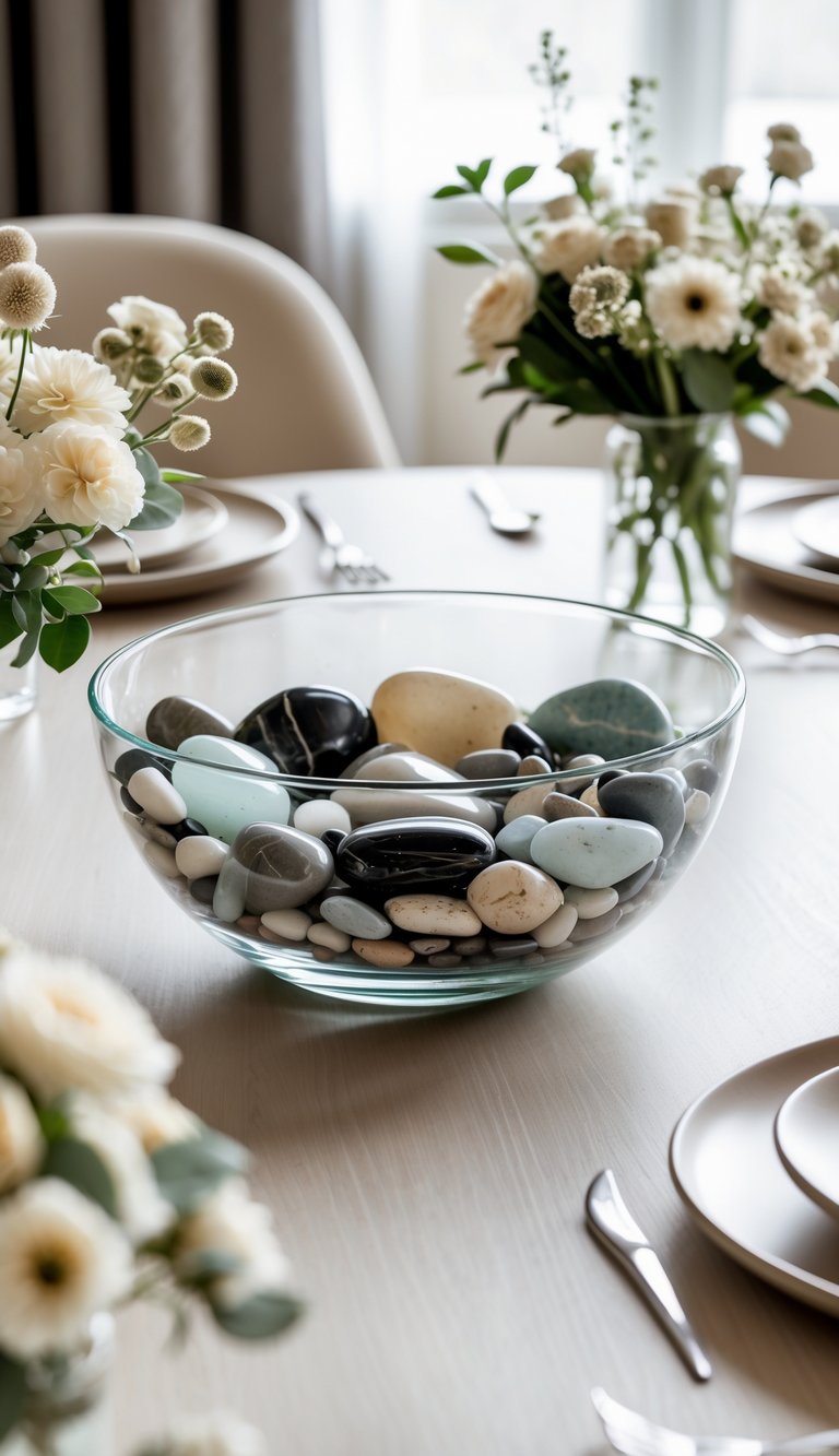 A clear glass bowl filled with assorted polished stones on a round dining table with simple floral arrangements.
