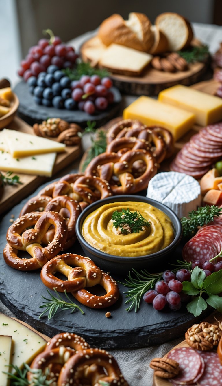A grazing table with artisan pretzels, mustard dip, cheeses, fruits, breads, and charcuterie meats arranged on wooden boards.