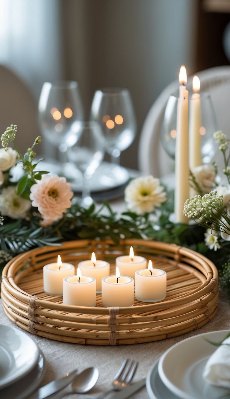 Round dining table with a bamboo tray holding tea light candles and simple floral arrangements as the centerpiece.
