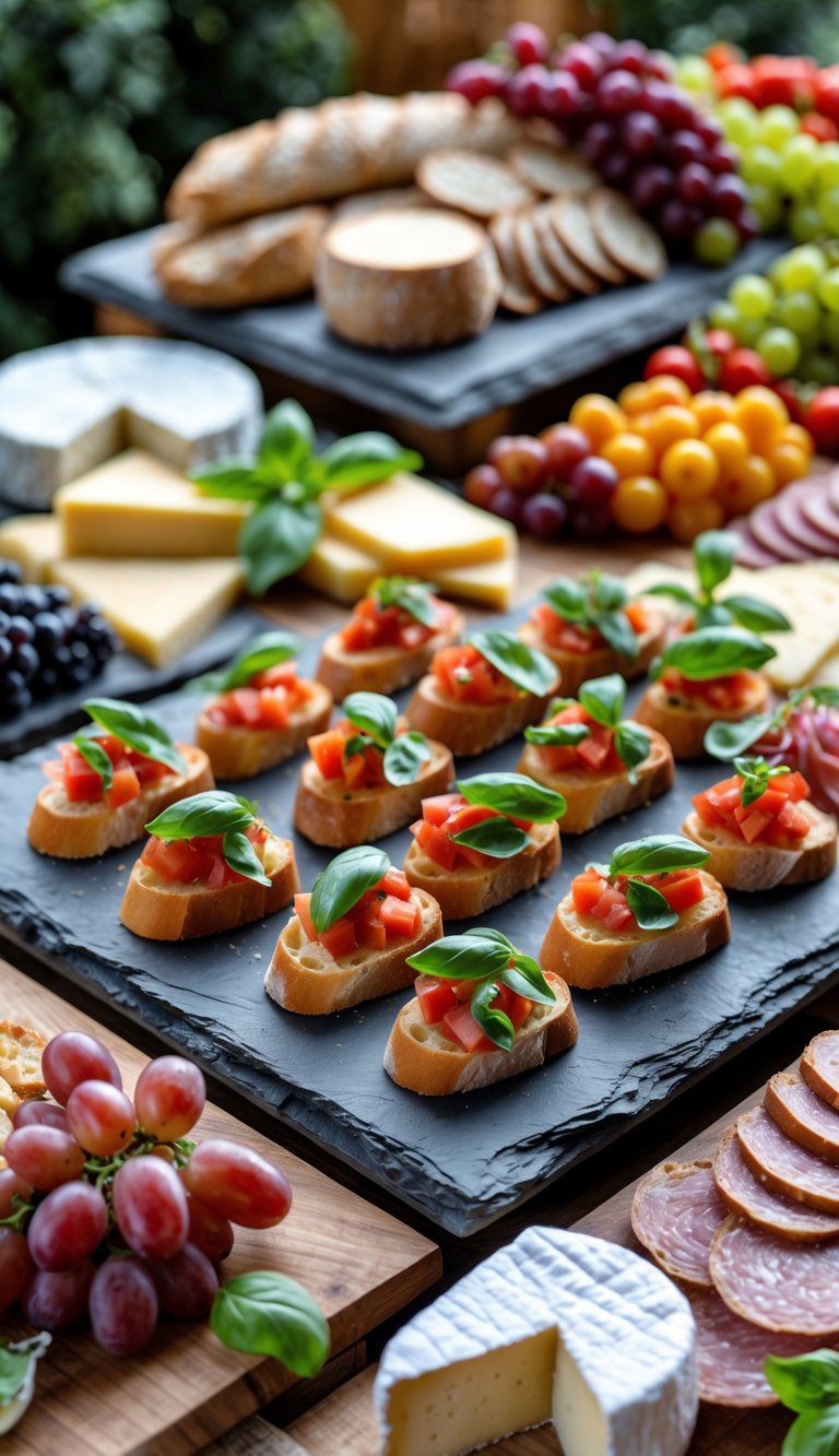 A grazing table with mini bruschetta topped with tomato and basil, surrounded by cheeses, fruits, breads, and charcuterie.