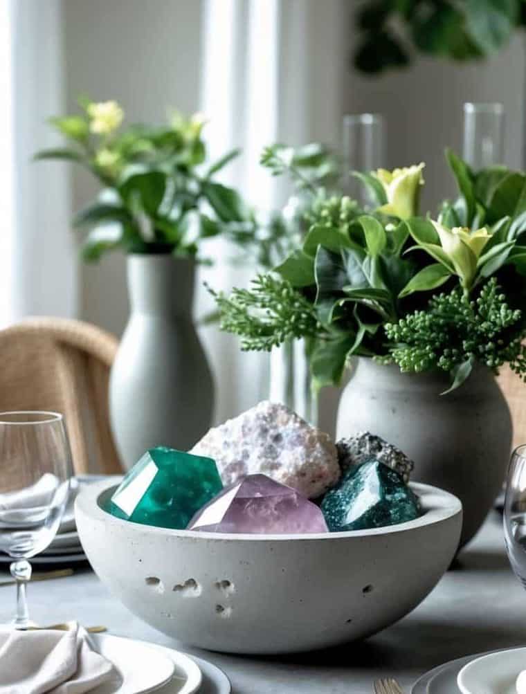 A dining table set with plates, glasses, and cutlery, featuring a centerpiece bowl filled with large decorative crystals and surrounded by green plants in vases.