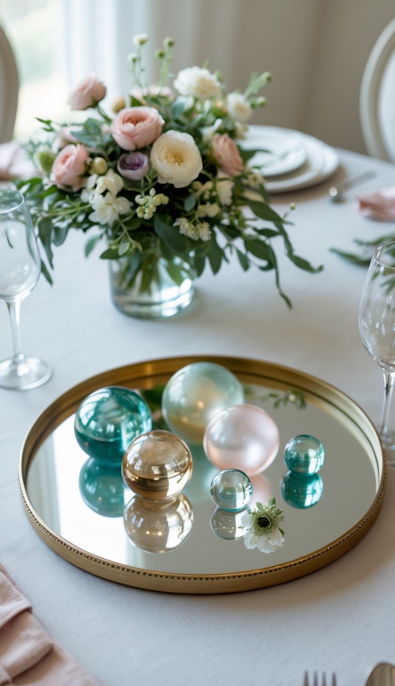 Round dining table with a mirror tray holding assorted glass orbs and simple floral arrangements.