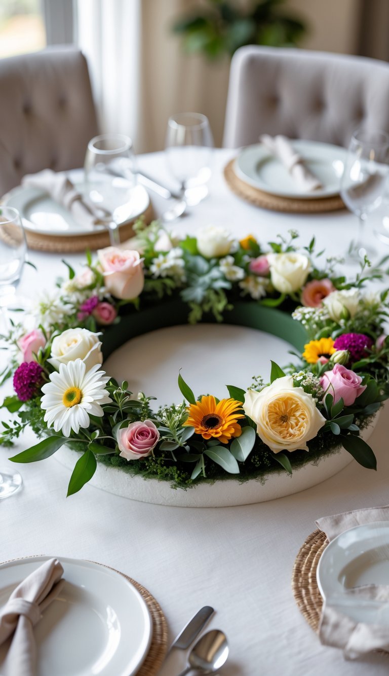 Round dining table with a floral foam ring centerpiece filled with mixed fresh flowers.