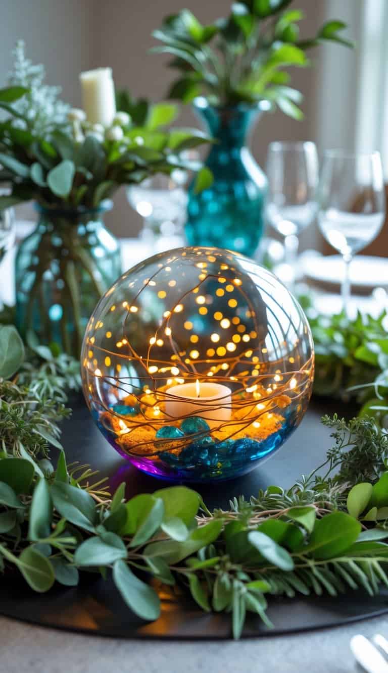 A round dining table with a colorful glass orb filled with string lights, surrounded by green plants and vases.