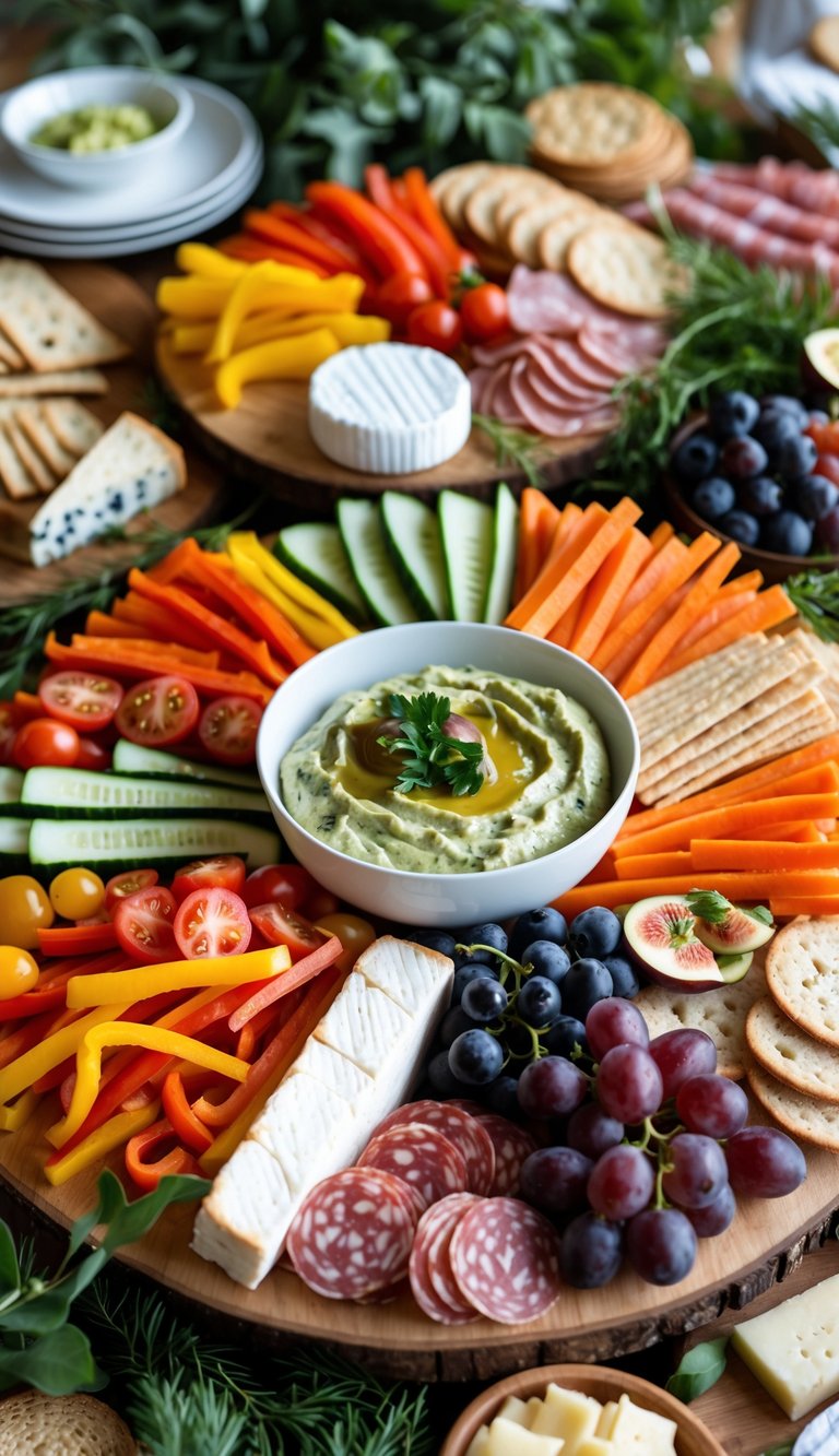 A grazing table with fresh vegetables, avocado ranch dip, cheeses, fruits, breads, and charcuterie arranged attractively on wooden boards.