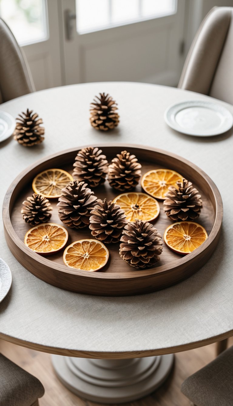 Round wooden tray on a round dining table holding pinecones and dried orange slices as a centerpiece.