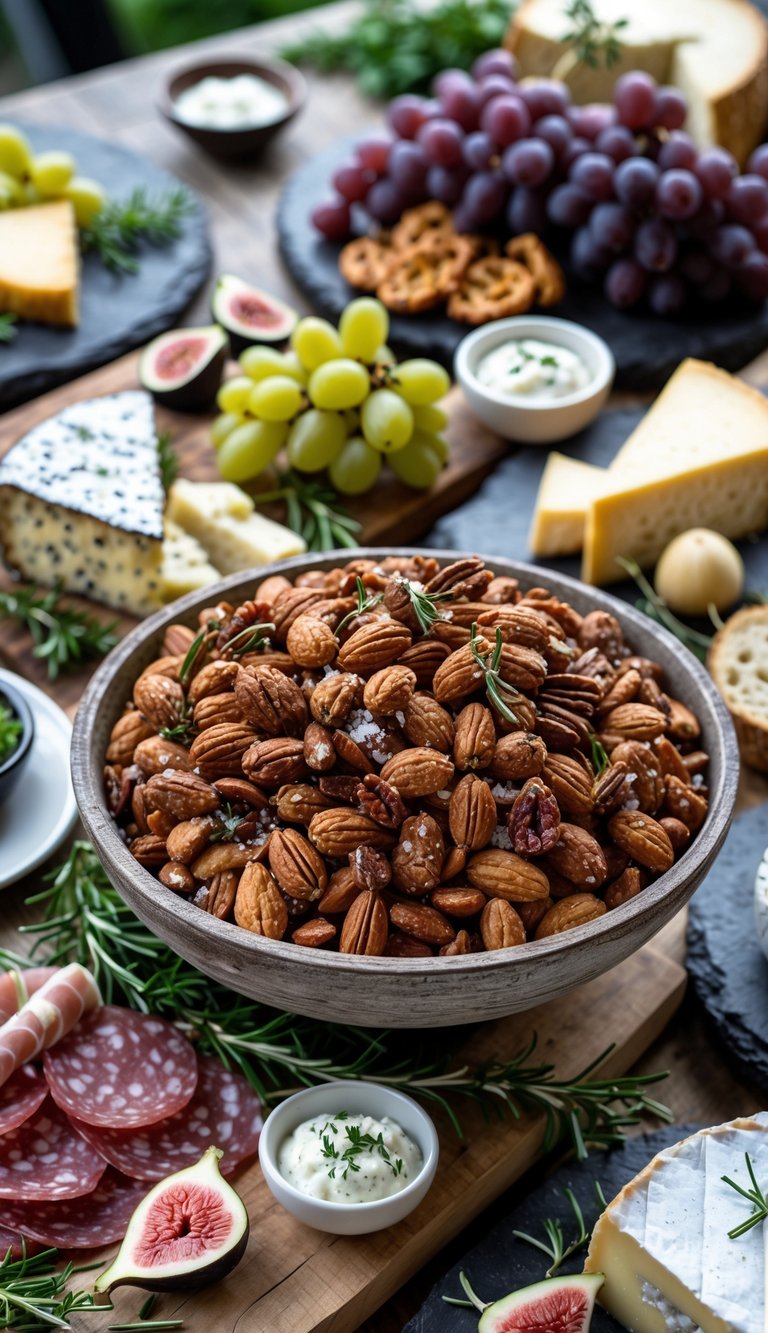 A grazing table with spiced nuts, cheeses, fresh fruits, breads, and charcuterie arranged on wooden boards and platters.