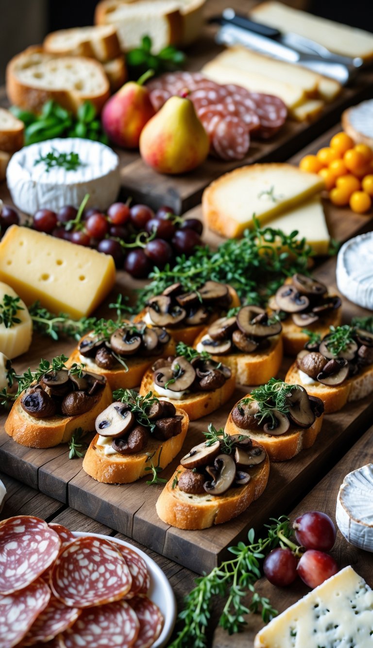 A grazing table with bruschetta topped with mushrooms and thyme, surrounded by cheeses, fruits, breads, and charcuterie.