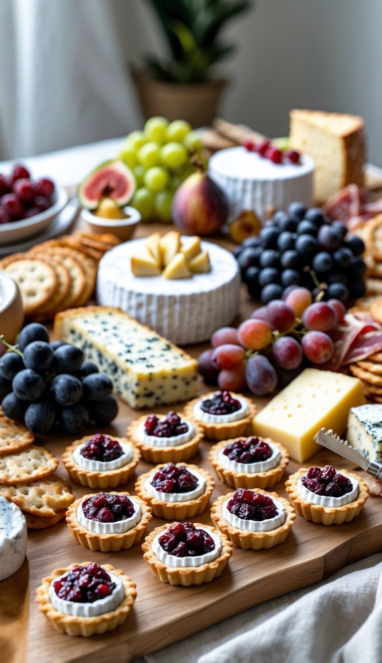 A grazing table with cranberry and brie tartlets, assorted cheeses, fresh fruits, breads, and charcuterie arranged on a wooden surface.