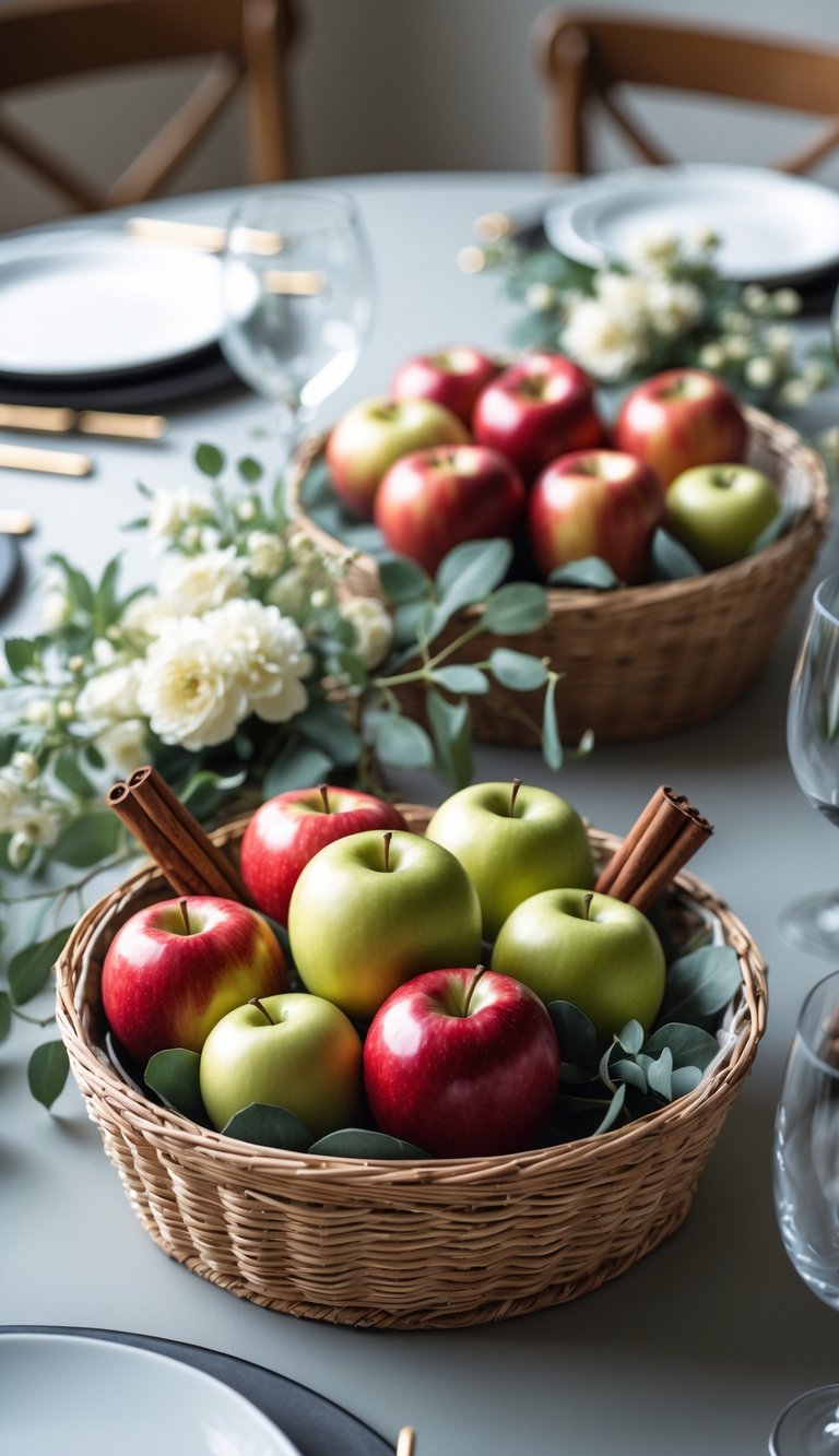 Round dining table with a basket of fresh apples and cinnamon sticks surrounded by simple floral arrangements.