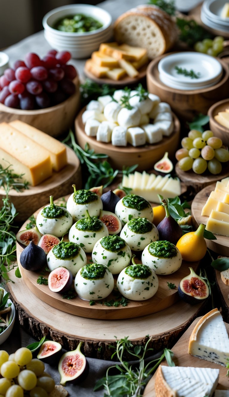 A grazing table with marinated mozzarella balls, cheeses, fresh fruits, breads, and charcuterie arranged attractively on wooden boards.